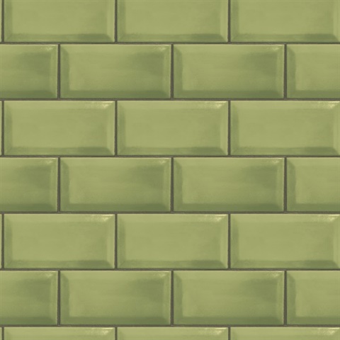 Green Faux Metro Subway Tile Wallpaper