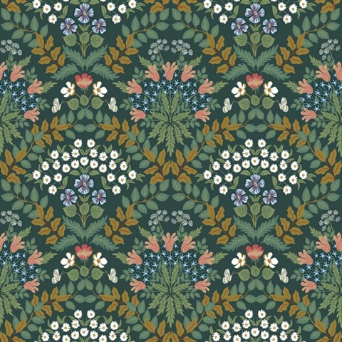 Green & Gold Bramble Abtract Floral Leaf Wallpaper