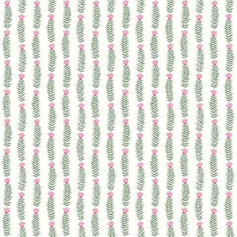 Green & Pink Eden Vertical Leaf Stripe Wallpaper