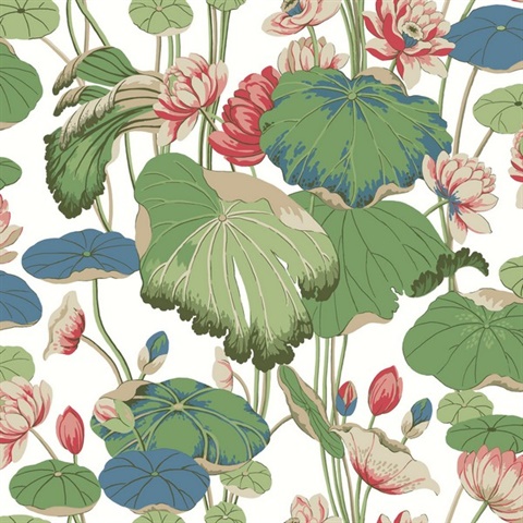 Green & Red Lotus Pond Mushroom Floral Wallpaper