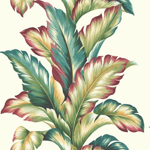 Green, Red, Turquoise, White & Yellow Commercial Big Leaf Wallpaper