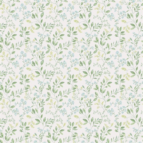 Green Spring Leaf & Floral Trail Wallpaper