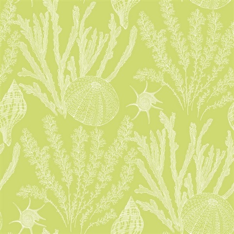 Green & White Commercial Coral Wallpaper