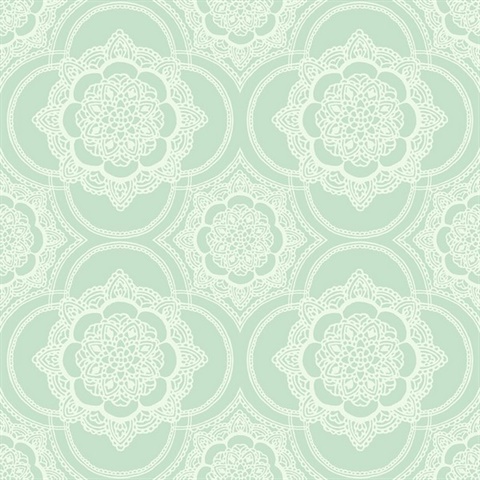 Green & White Commercial Lace Doily Medallion Wallpaper