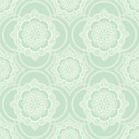 Green & White Commercial Lace Doily Medallion Wallpaper