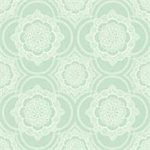 Green & White Commercial Lace Doily Medallion Wallpaper