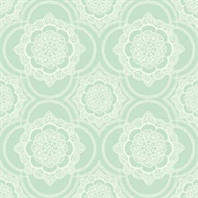 Green & White Commercial Lace Doily Medallion Wallpaper