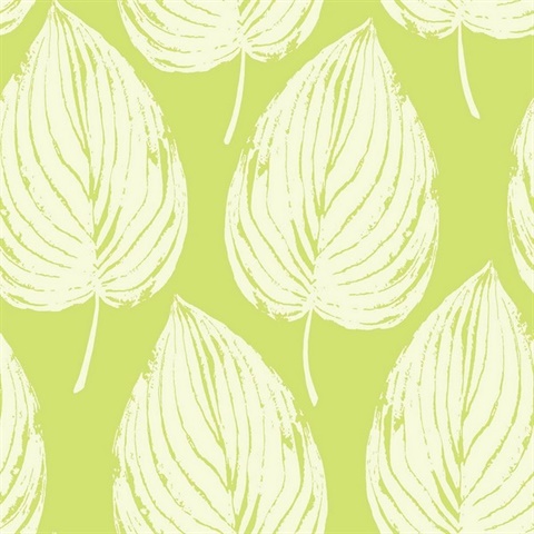 Green & White Commercial Large Leaf Wallpaper