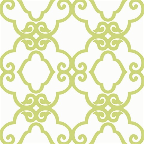 Green & White Commercial Scroll Trellis Wallpaper