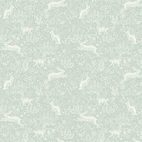 Green & White Fable Rabit & Squirrel Animal Print Rifle Paper Wallpape