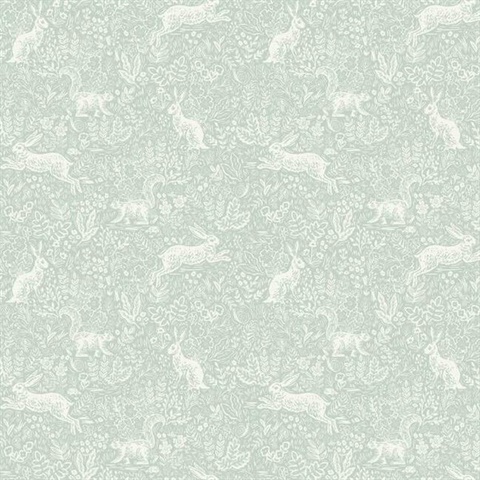 Green & White Fable Rabit & Squirrel Animal Print Rifle Paper Wallpape