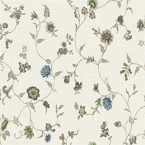 FC61006  Greige & Blue Bell Floral & Leaf Vine Toile Florale