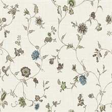 Greige & Blue Bell  Floral & Leaf Vine Toile Florale Trail Wallpaper