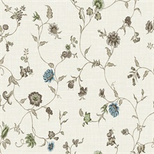 Greige &amp; Blue Bell  Floral &amp; Leaf Vine Toile Florale Trail Wallpaper