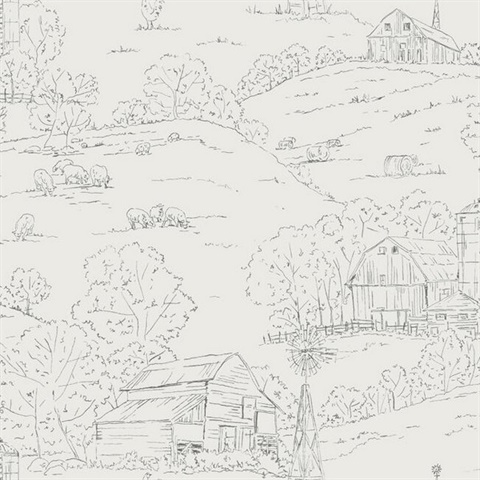 Grey & Beige Farm Pasture Toile Wallpaper