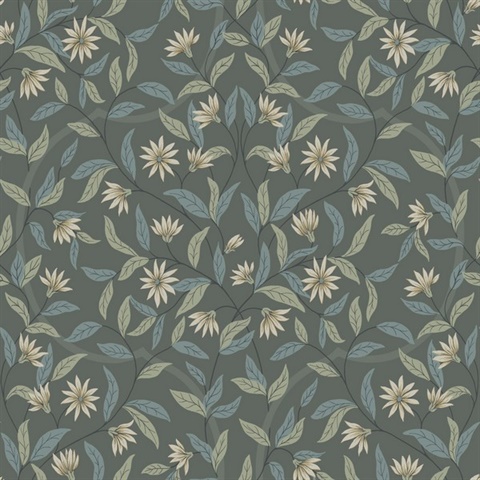 Grey & Blue Jasmine Vine Leaf Wallpaper