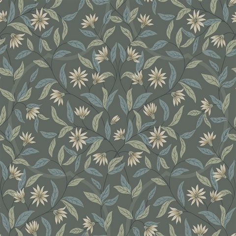 Grey & Blue Jasmine Vine Leaf Wallpaper