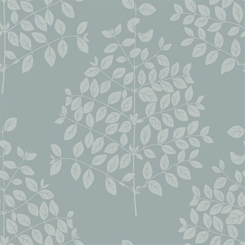 Grey & Blue Tender Block Print Textured Leaf Branch Wallpaper