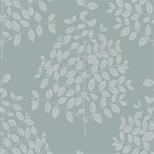 Grey &amp; Blue Tender Block Print Textured Leaf Branch Wallpaper