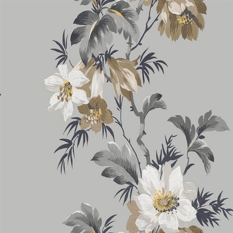 Grey & Brown Commercial Flower Stripe Wallpaper