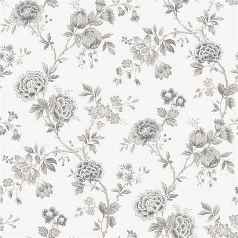 Grey Chrysanthemum Grey Jacobean Floral Wallpaper
