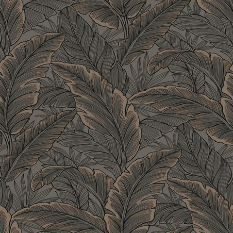 Grey & Copper Tropical Banana Leaves Wallpaper