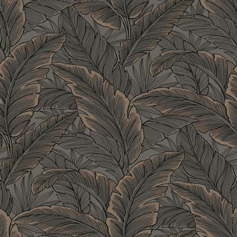 Grey & Copper Tropical Banana Leaves Wallpaper