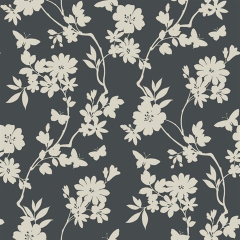 Grey & Cream Flutter Vine Textured Floral & Butterfly Wallpaper