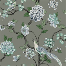 Grey Fanciful Floral Bird on Branch Wallpaper
