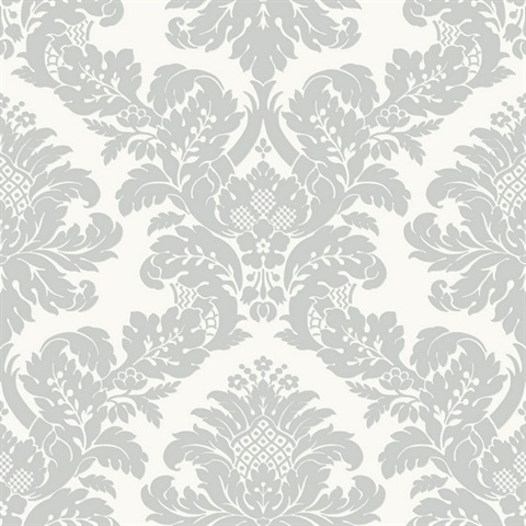 Grey &amp; Frost White Shimmering Glitter Damask Wallpaper