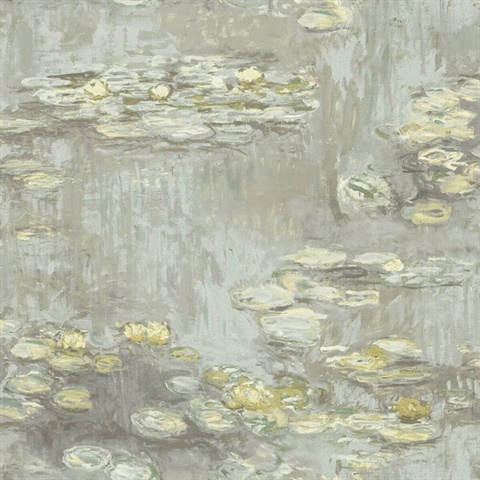 Grey & Gold Commercial Water Lillies Wallpaper