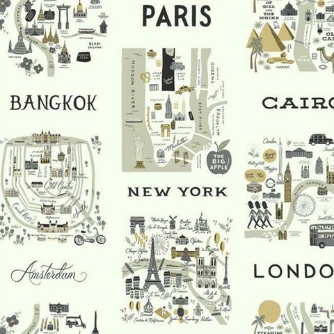 Grey & Gold Illustrated City Maps Rifle Paper Wallpaper