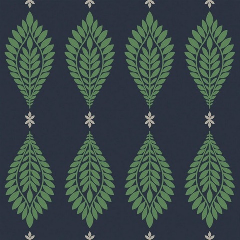Grey, Green & Dark Blue Mirasol Palm Frond Medallion Wallpaper