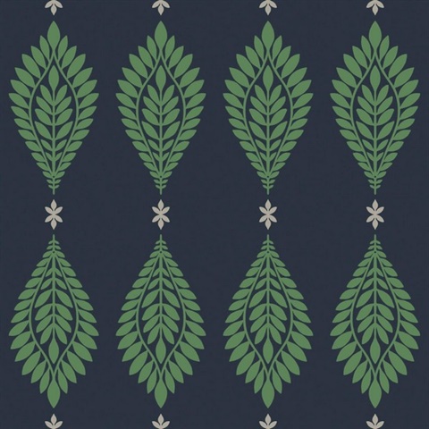 Grey, Green & Dark Blue Mirasol Palm Frond Medallion Wallpaper