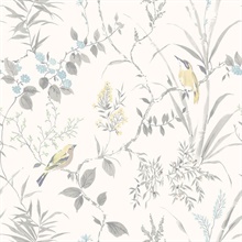 Grey Imperial Garden Grey Botanical Bird Wallpaper