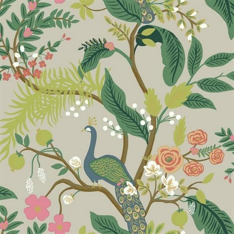 Grey Peacock Animal Print Rifle Paper Wallpaper