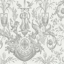 Grey Rooster & Chicken Fountain Toile Wallpaper
