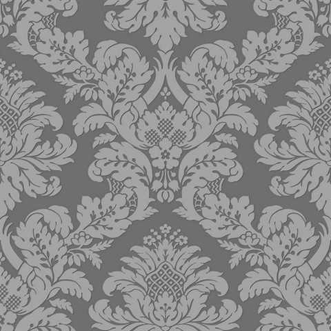 Grey & Silver Shimmering Glitter Damask Wallpaper