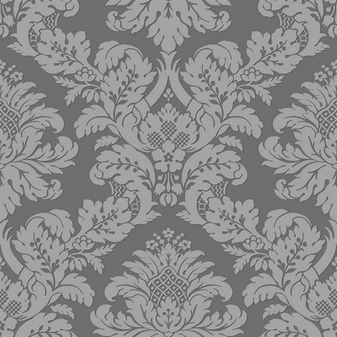 Grey & Silver Shimmering Glitter Damask Wallpaper