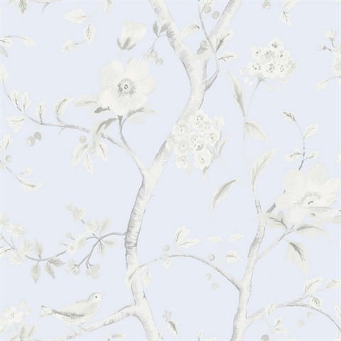 Grey & Sky Blue Southport Bird On Branches Floral Trail Wallpaper