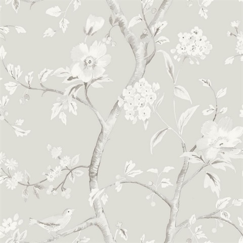 Grey Southport Bird On Branches Floral Trail Wallpaper