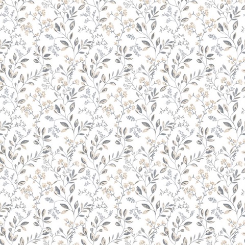 Grey Spring Leaf & Floral Trail Wallpaper