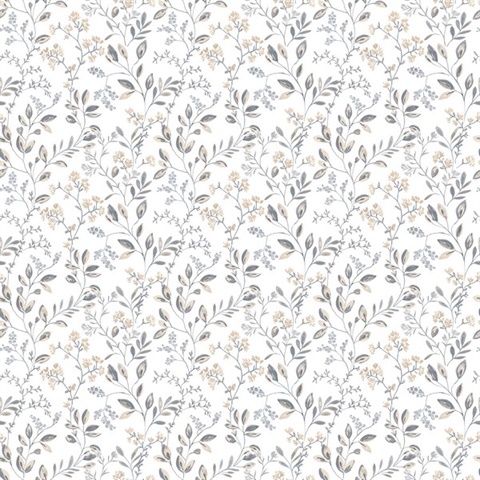 Grey Spring Leaf & Floral Trail Wallpaper