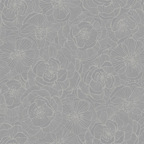 Grey Textured Large Linework Floral Wallpaper