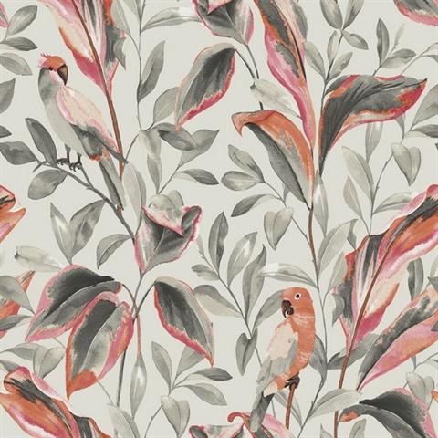 Grey Tropical Love Birds & Leaves Wallpaper
