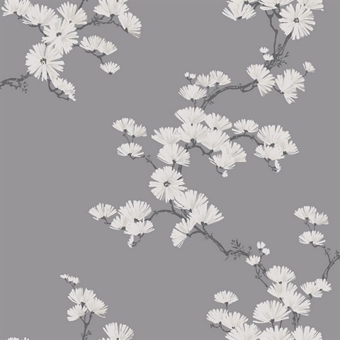 Grey White Chinoiserie Garden Tree Wallpaper - White Wallpaper