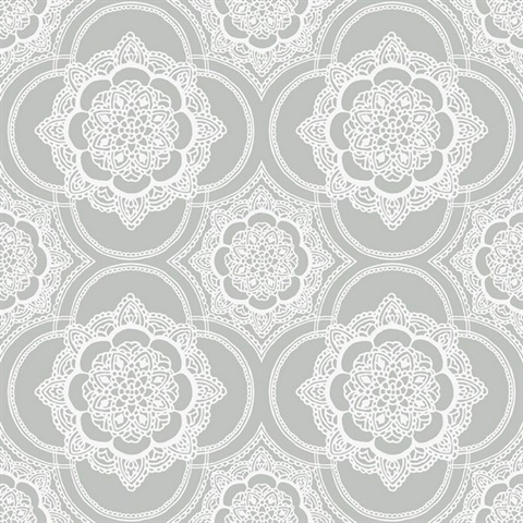 Grey & White Commercial Lace Doily Medallion Wallpaper