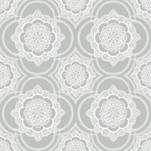 Grey & White Commercial Lace Doily Medallion Wallpaper