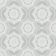 Grey & White Commercial Lace Doily Medallion Wallpaper