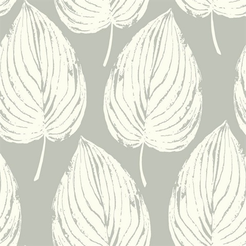 Grey & White Commercial Large Leaf Wallpaper